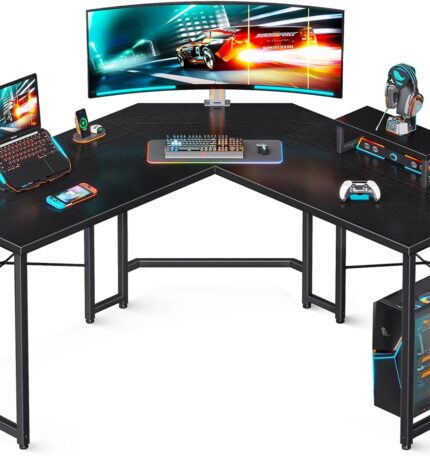 L Shaped Gaming Desk, Computer Corner Desk, PC Gaming Desk Table with Large Monitor Riser Stand for Home Office Sturdy Writing Workstation, Black