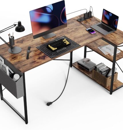 L Shaped Computer Desk with Power Outlets, 47 Inch Small Corner Desk with Reversible Shelves, Gaming Desk Computer Table Study Writing Desk for Home Office Small Space, Rustic Brown